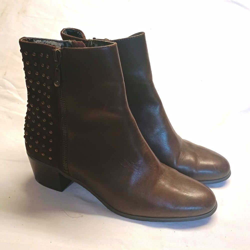 Tahari Ortley Women's Size 10 Brown Leather Studded Ankle Boots Dual Zip Booties